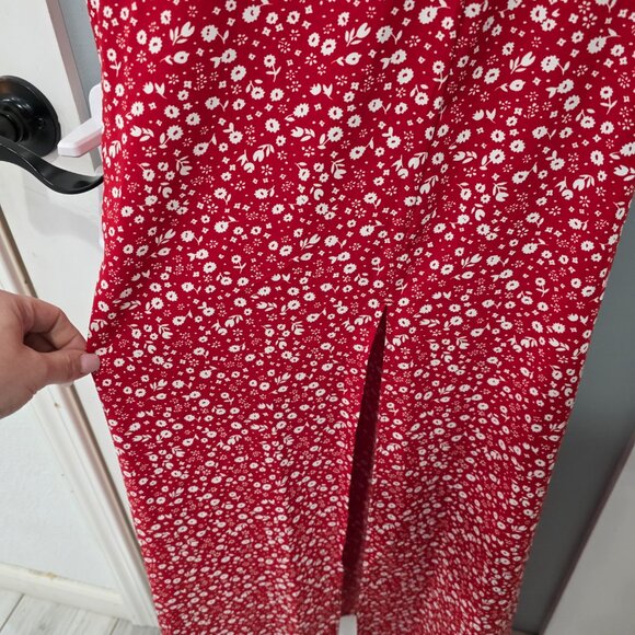 Bardot Red White Floral Midi Dress – Size 8 / Medium – Puff Sleeve Ruched Front - Picture 7 of 9